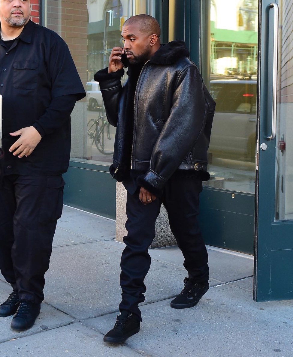 Spotted: Kanye West in Schott NYC Jacket And Vans Sneakers