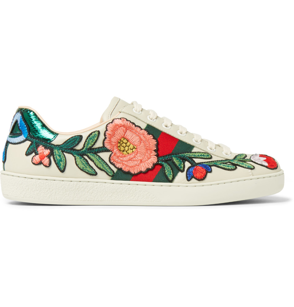 GUCCI Ace Appliquéd Snake-Trimmed Leather Sneakers