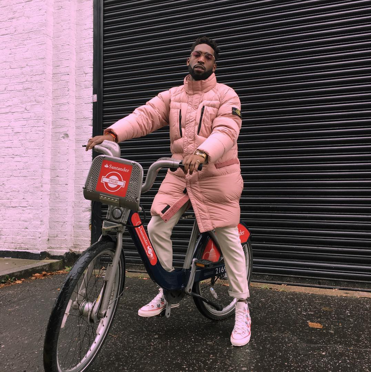 SPOTTED: Tinie Tempah In Pink Stone Island Puffa