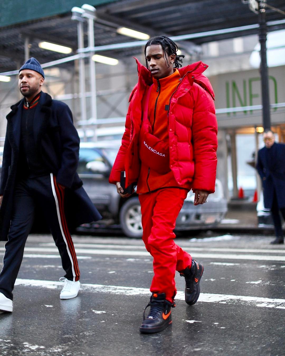 SPOTTED: ASAP Rocky In Balenciaga Jacket, Fanny Pack, Calvin Klein Jacket and Nike x Vlone Sneakers