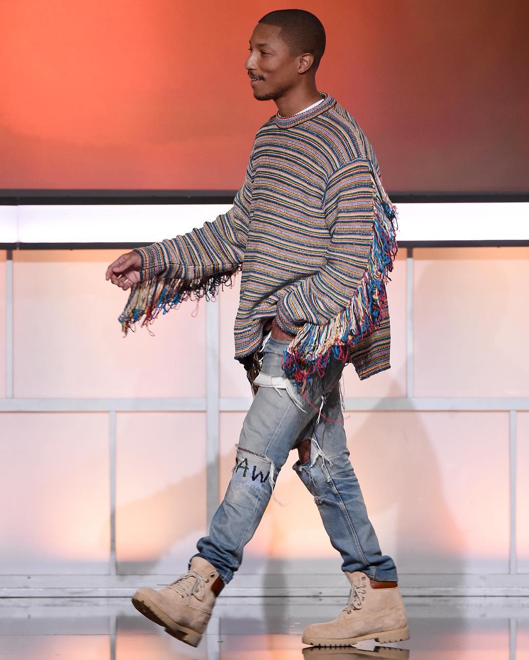 SPOTTED: Pharrell Williams In Stella McCartney Sweater And Timberland Boots
