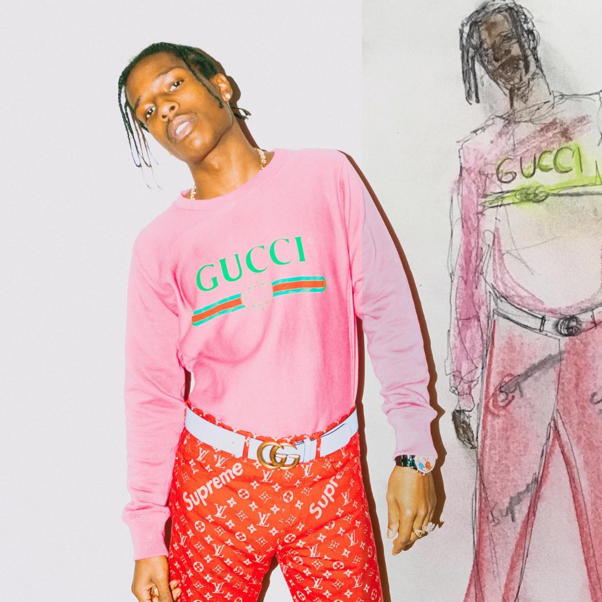 SPOTTED: A$AP Rocky In Gucci Sweater And 1/1 Supreme x Louis Vuitton Pants