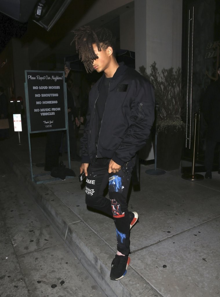 SPOTTED: Jaden Smith In Black Bomber Jacket, Custom MSFTSrep Jeans And Adidas NMD Sneakers
