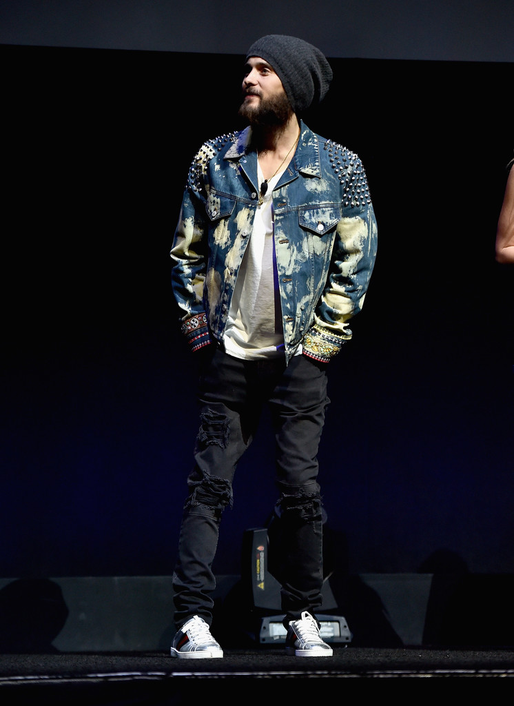SPOTTED: Jared Leto In Gucci Washed Studded Denim Jacket And Gucci Sneakers