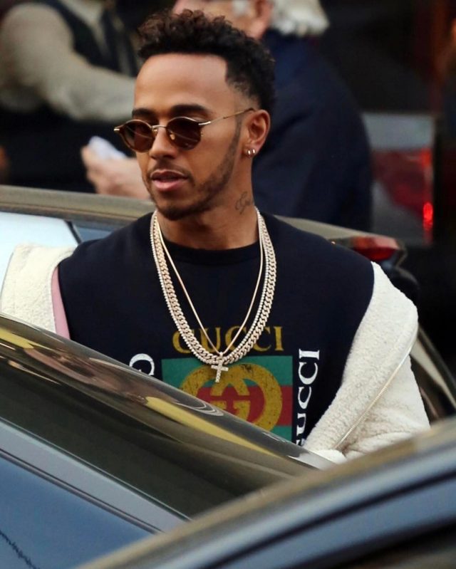 Lewis Hamilton Wears Thom Browne Sunglasses and Gucci T-Shirt
