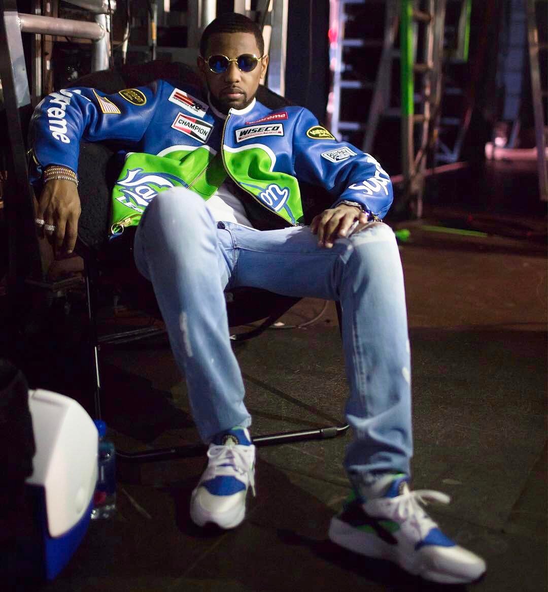 SPOTTED: Fabolous In Supreme x Vanson Leather Jacket And Nike Air Huarache Sneakers