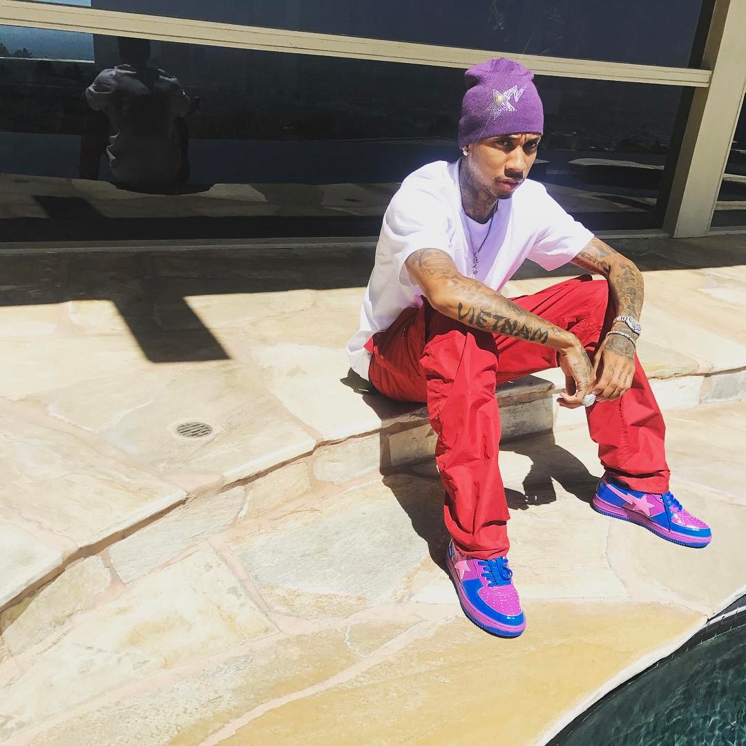 SPOTTED: Tyga In Purple BAPE Beanie And Sneakers