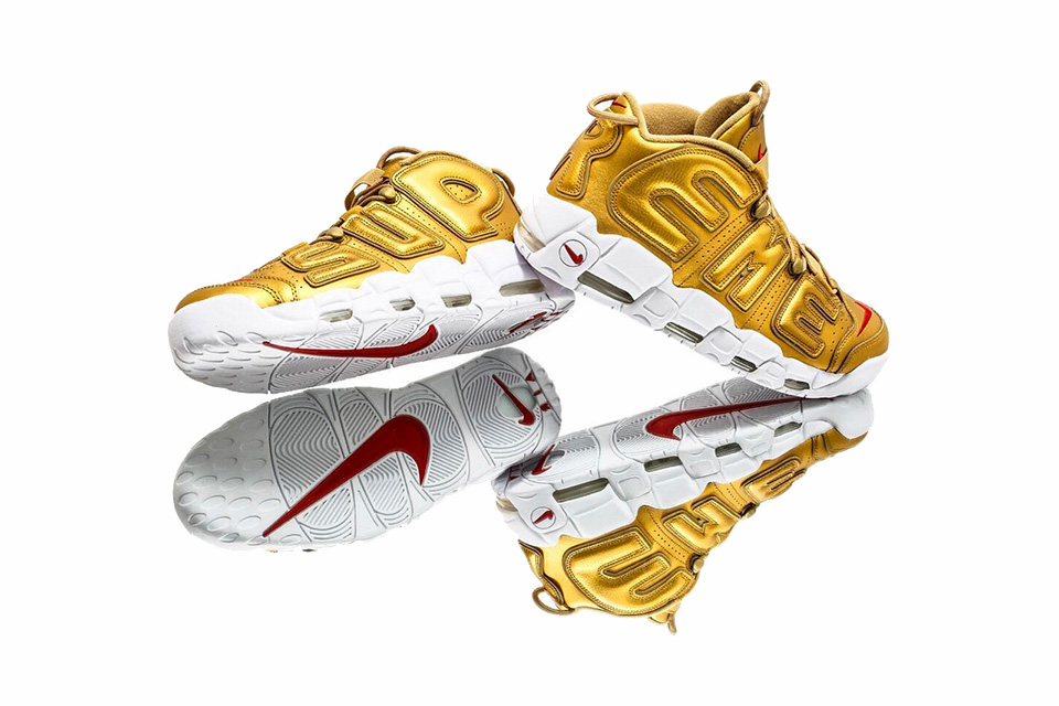 Best Look at Gold Supreme x Nike Air More Uptempo Sneaker Collaboration