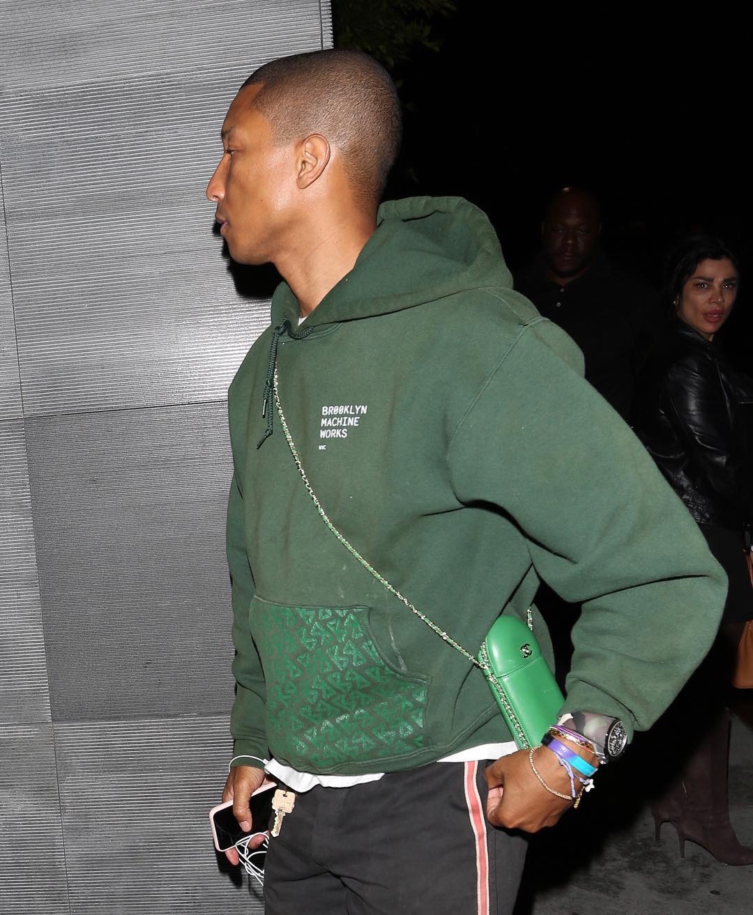 SPOTTED: Pharrell Williams In Brooklyn Machine Works Hoodie And Chanel Bag