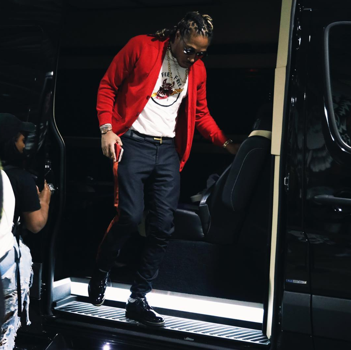SPOTTED: Future In Red Cardigan And Side Stripe Trousers