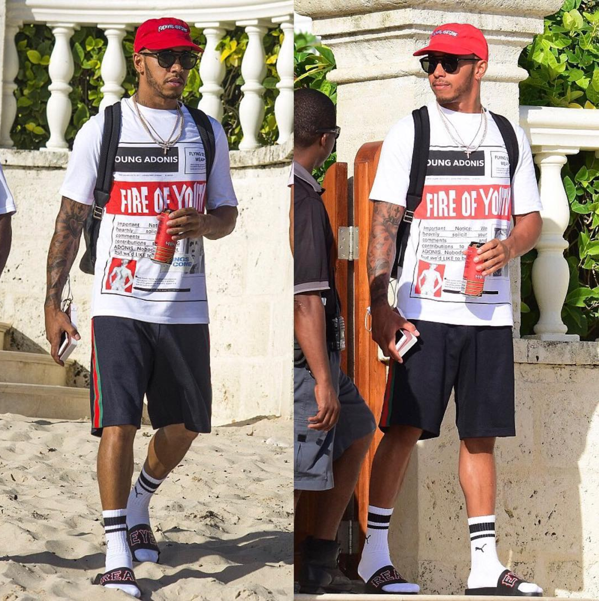 SPOTTED: Lewis Hamilton In Fucking Awesome Cap, Loewe T-Shirt, Gucci Shorts And Givenchy Slides