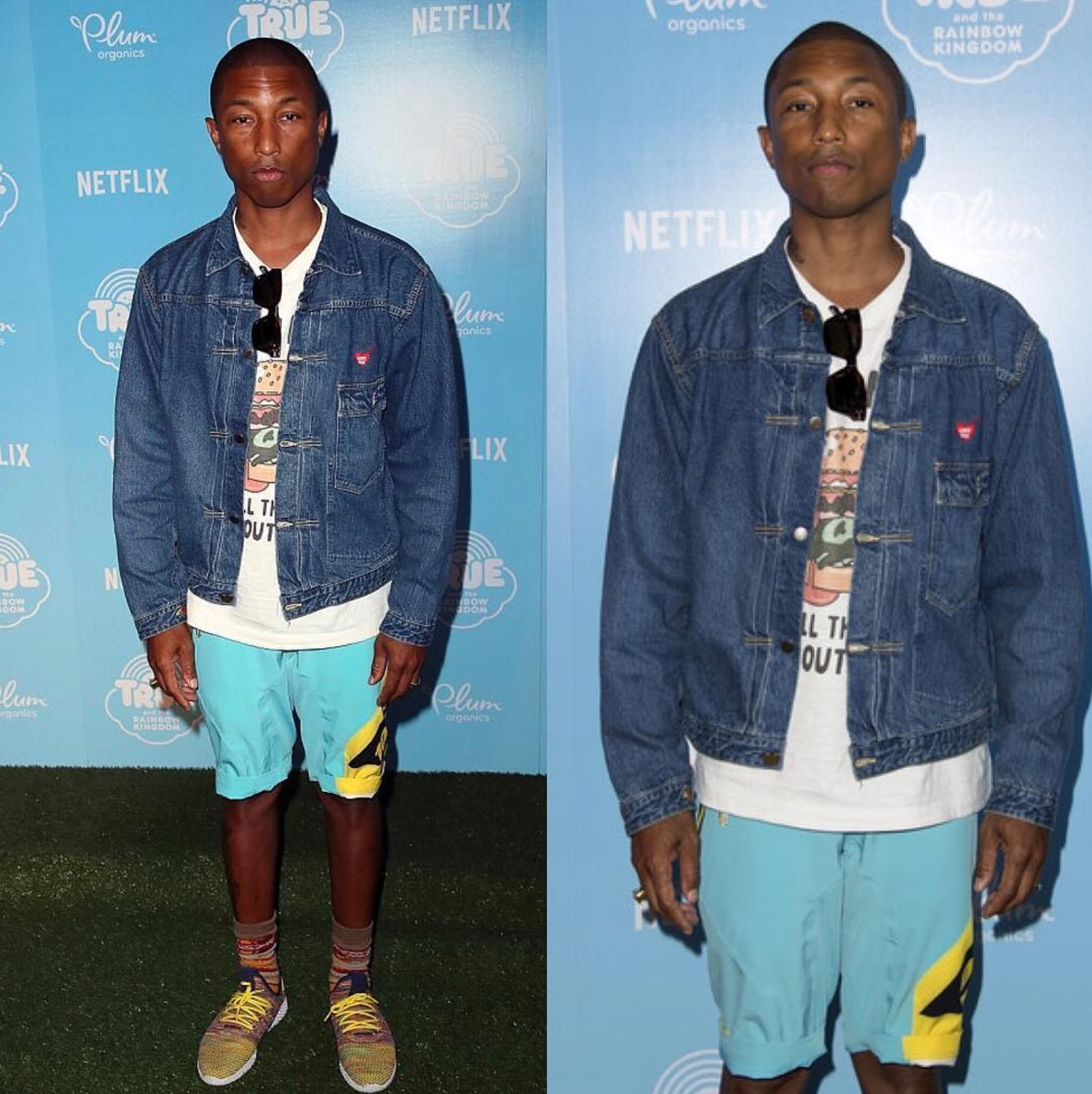 SPOTTED: Pharrell Williams In Human Made Denim Jacket And Pharrell Williams x Adidas Originals Tennis Hu Sneakers