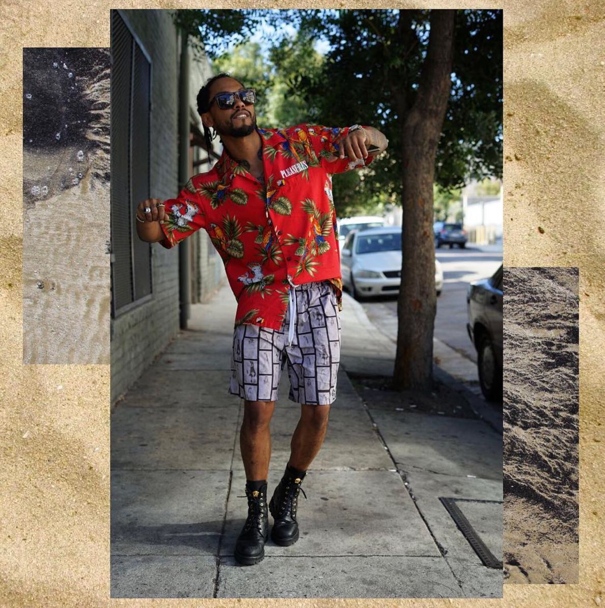 SPOTTED: Miguel In Pleasures Shirt, Stampd Shorts And Versace Boots
