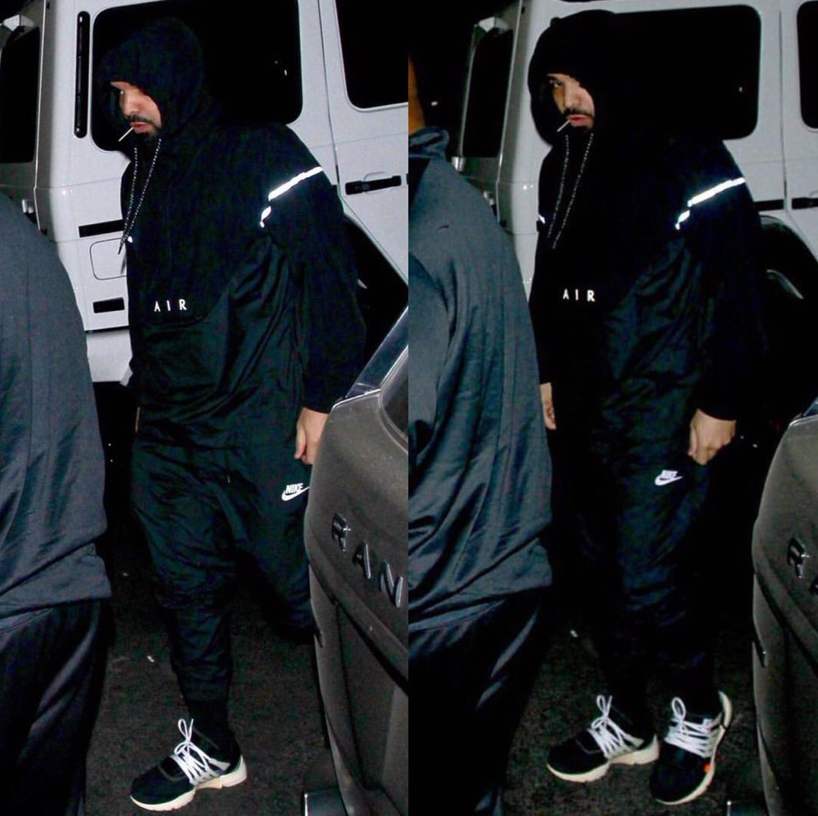 SPOTTED: Drake In Nike Hybrid Jacket, Nike Sweatpants And OFF-WHITE x Nike Presto Sneakers