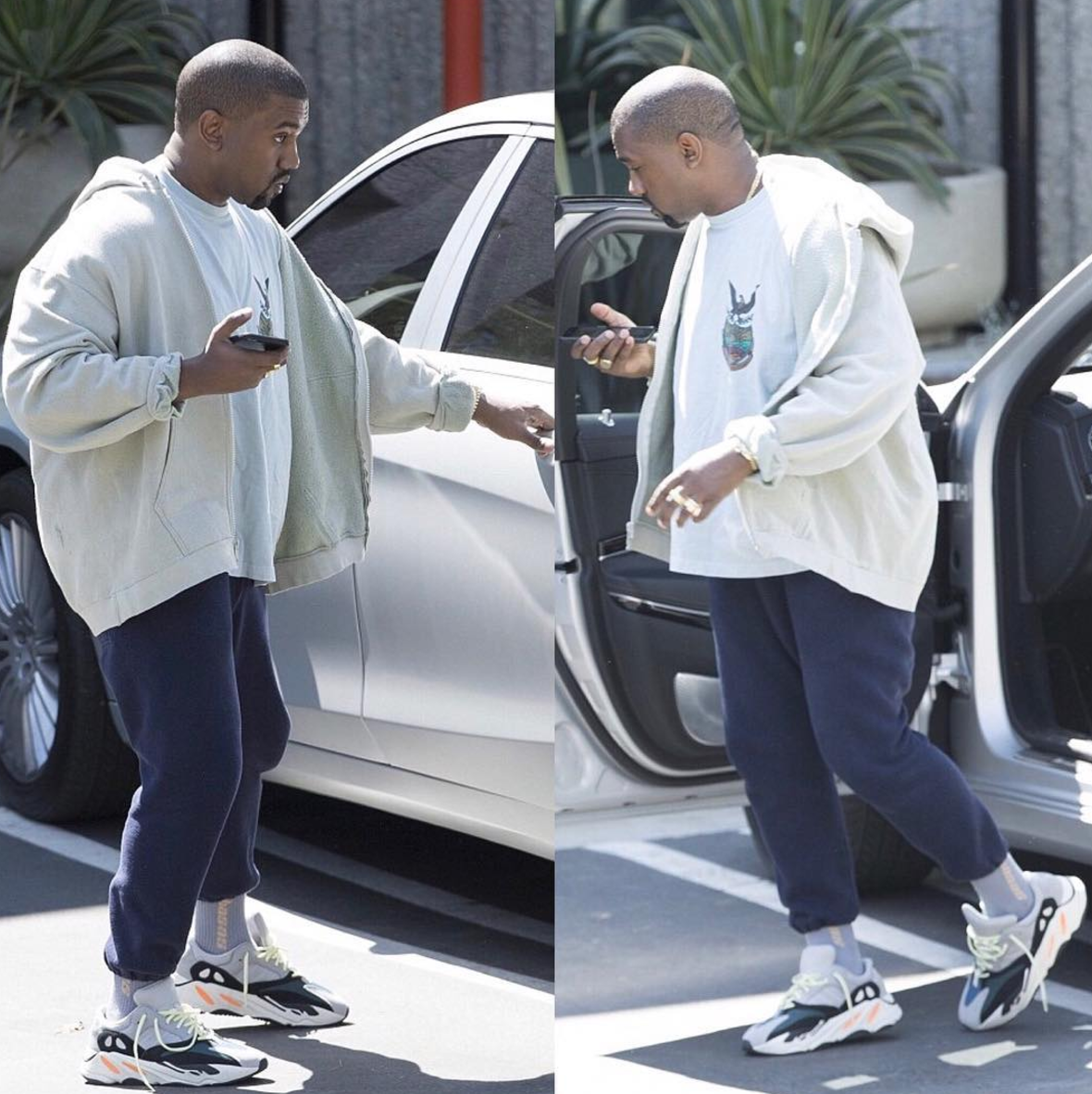 SPOTTED: Kanye West in adidas YEEZY Calabasas T-Shirt, Socks And Wave Runner 700 Sneakers