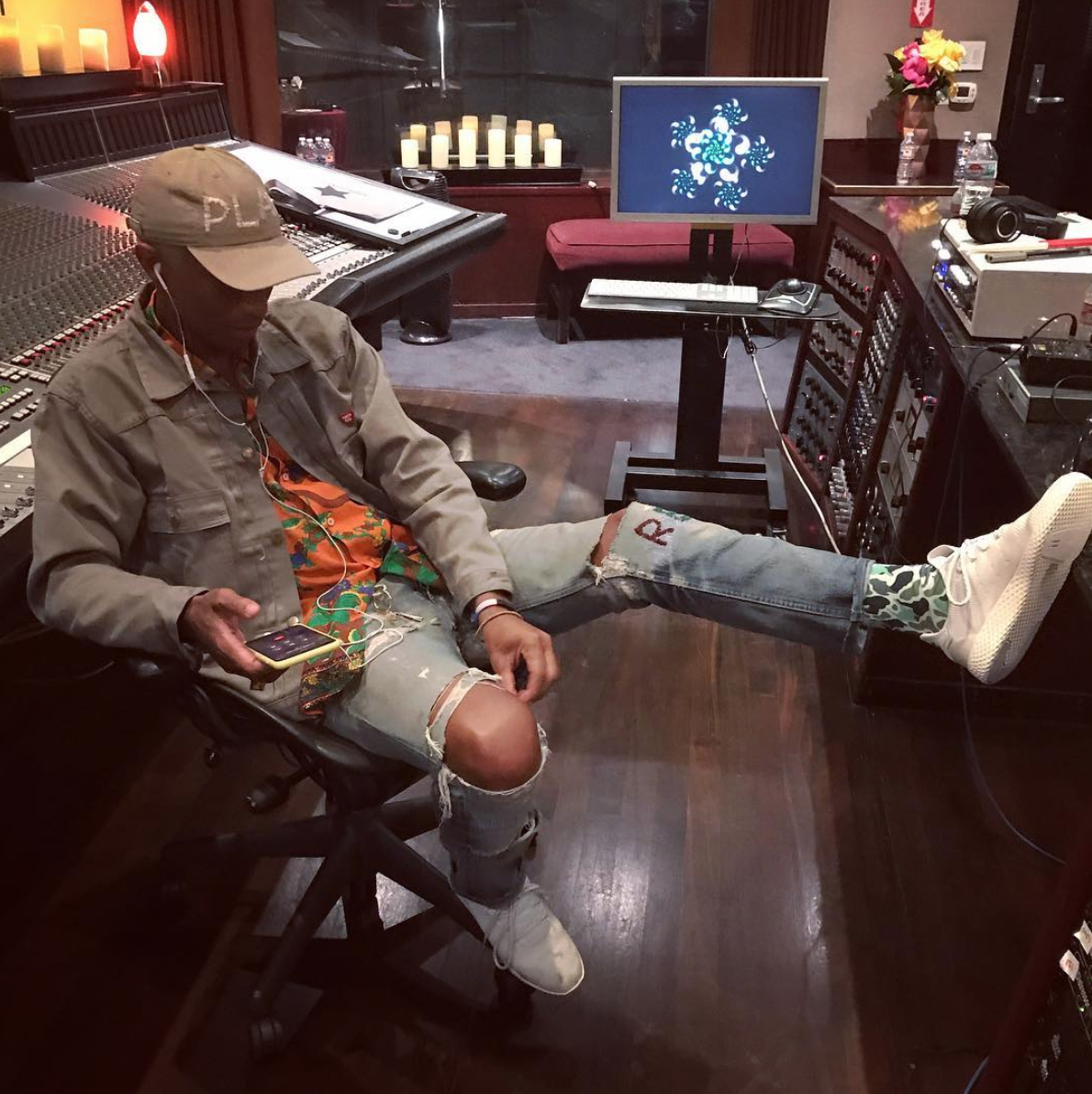 SPOTTED: Pharrell Williams In Human Made Jacket And adidas Tennis Hu Sneakers