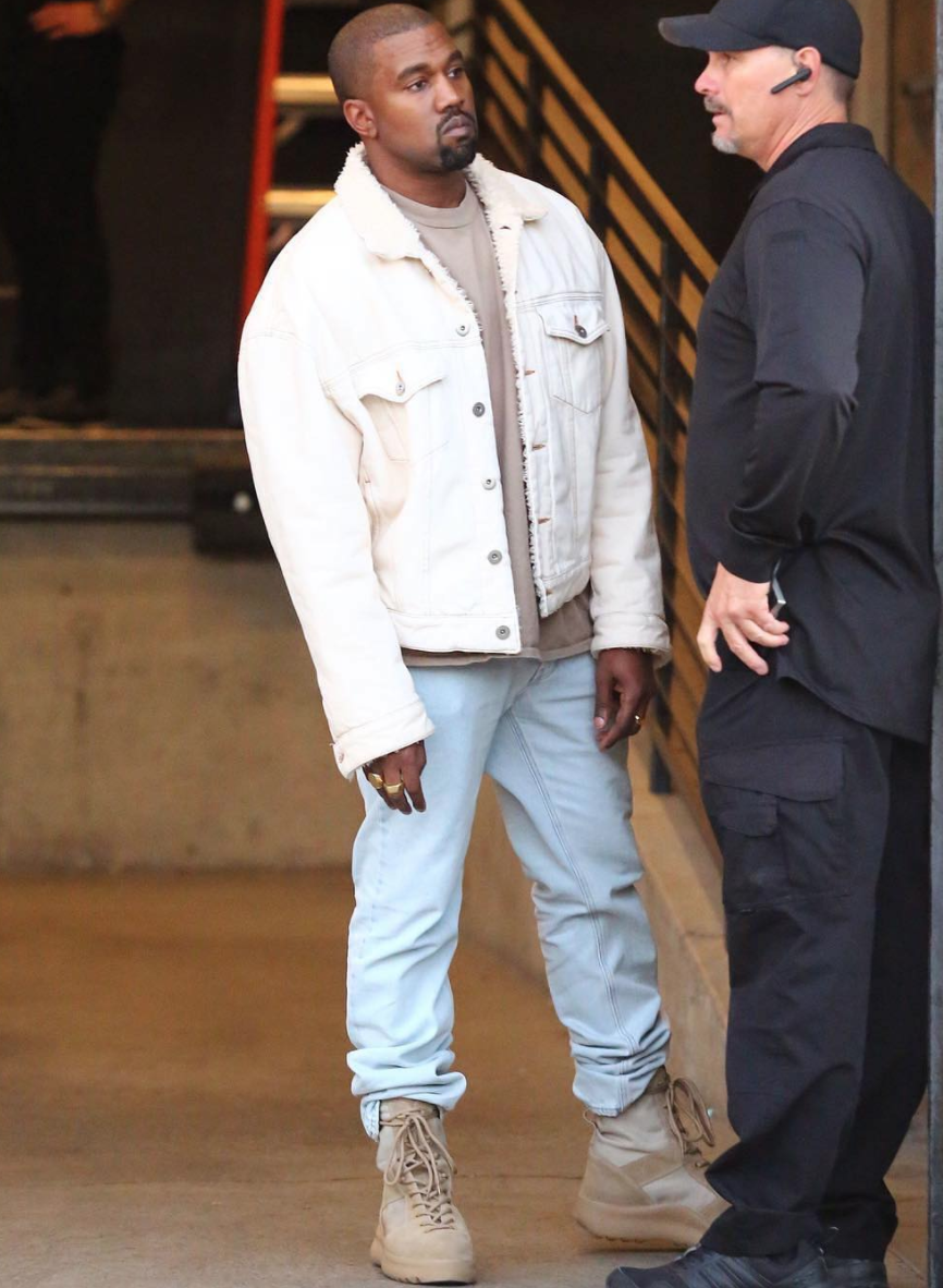 SPOTTED: Kanye West In Denim Jacket And YEEZY Season 3 Military Boots