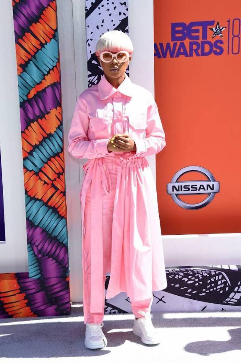 Dej Loaf in head to toe Millennial pink boiler suit & skirt combo