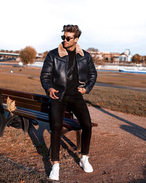 Black leather cheap and shearling jacket