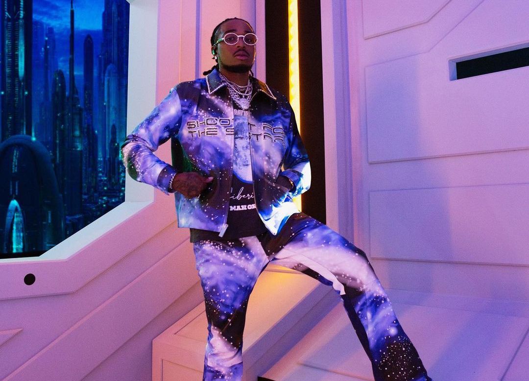 SPOTTED: Quavo Huncho Dons Air Dior & Galaxy Print Tracksuit