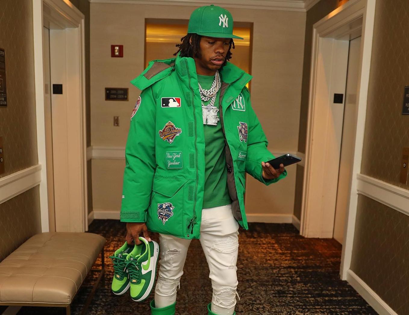 SPOTTED: Lil Baby goes Green in Supreme x New York Yankees