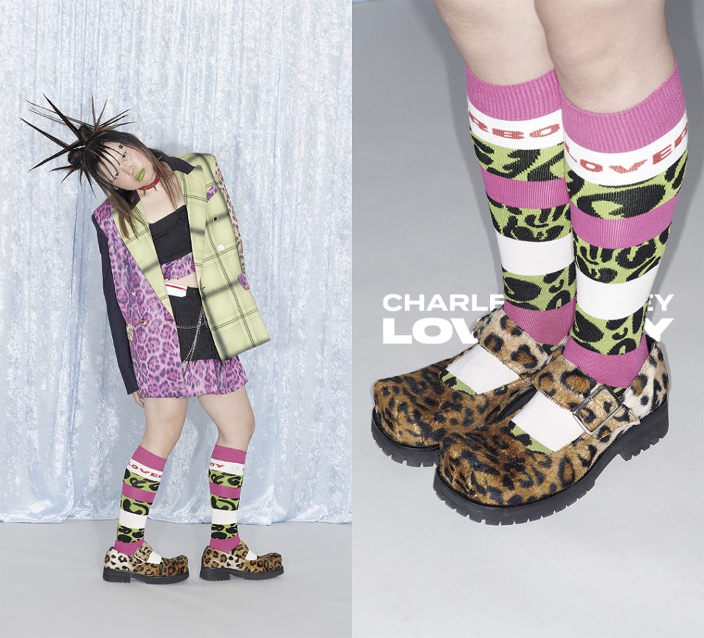 A model wears leopard-print mary jane moggies from Charles Jeffrey Loverboy