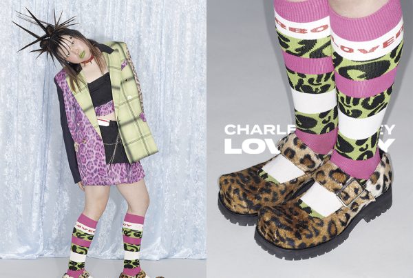 A model wears leopard-print mary jane moggies from Charles Jeffrey Loverboy