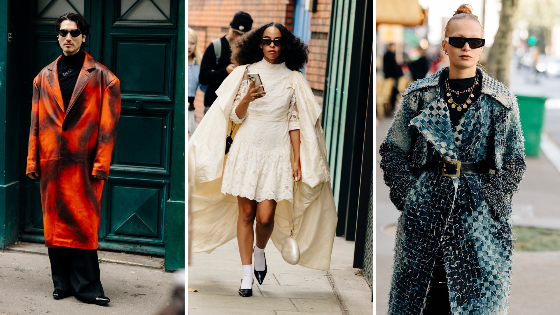 Images of fashion week attendees wearing long dramatic coats in various colours.