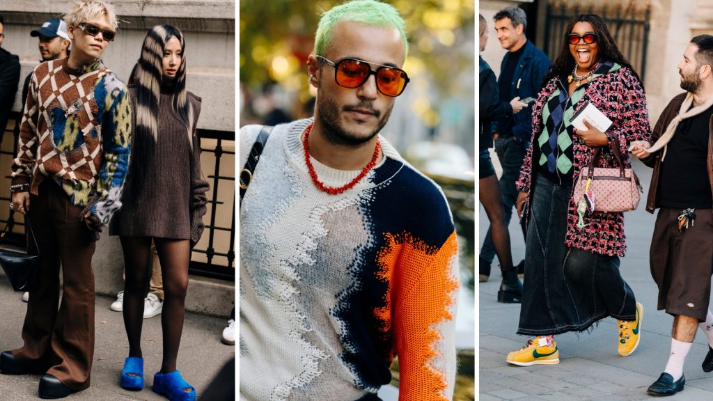 Images of fashion week attendees wearing vibrant knitted jumpers in various colours.