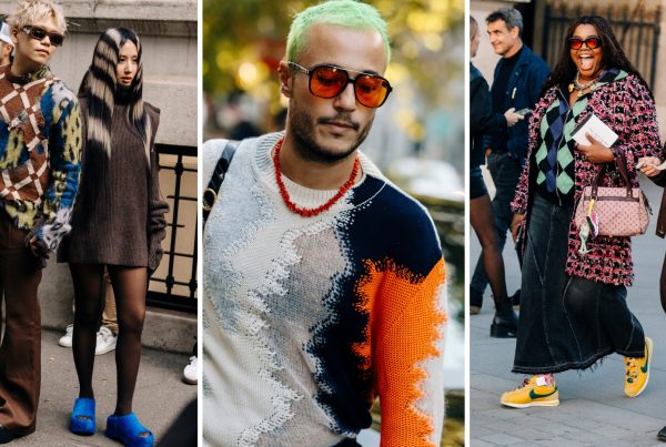 Images of fashion week attendees wearing vibrant knitted jumpers in various colours.