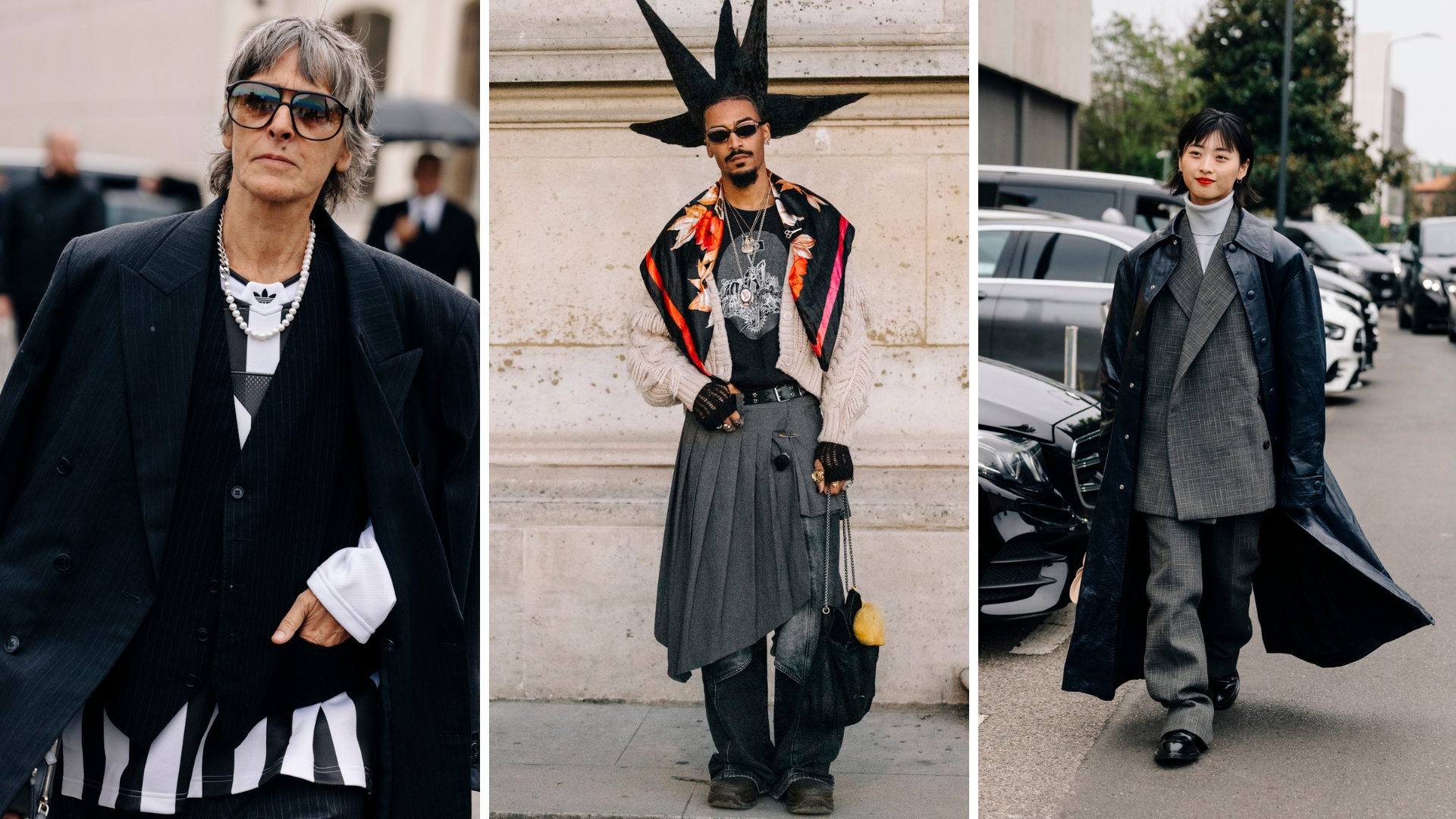 Images of fashion week attendees wearing tailored outfits with complex layering.