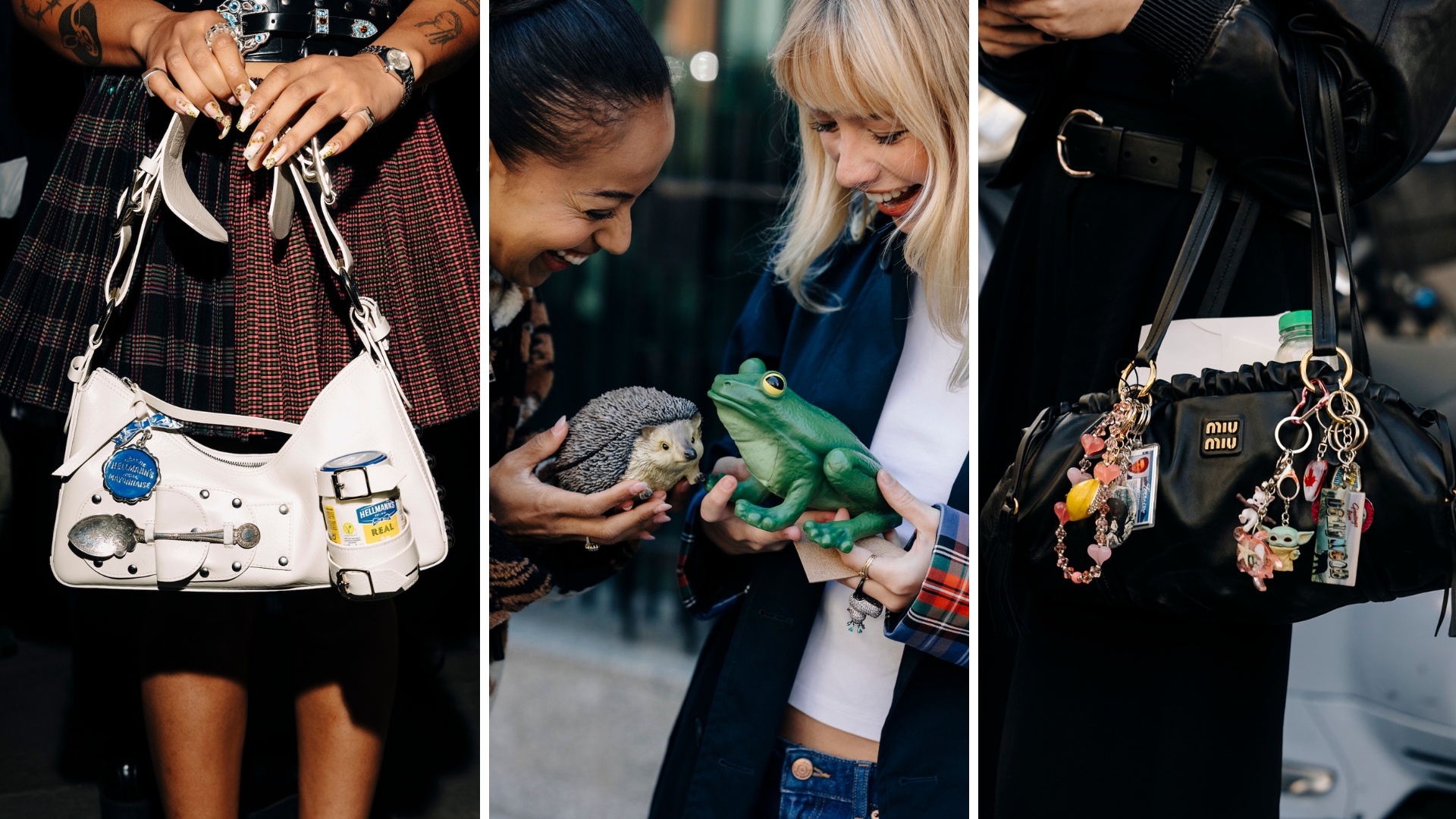 Images of fashion week attendees carrying bags in novelty shapes.