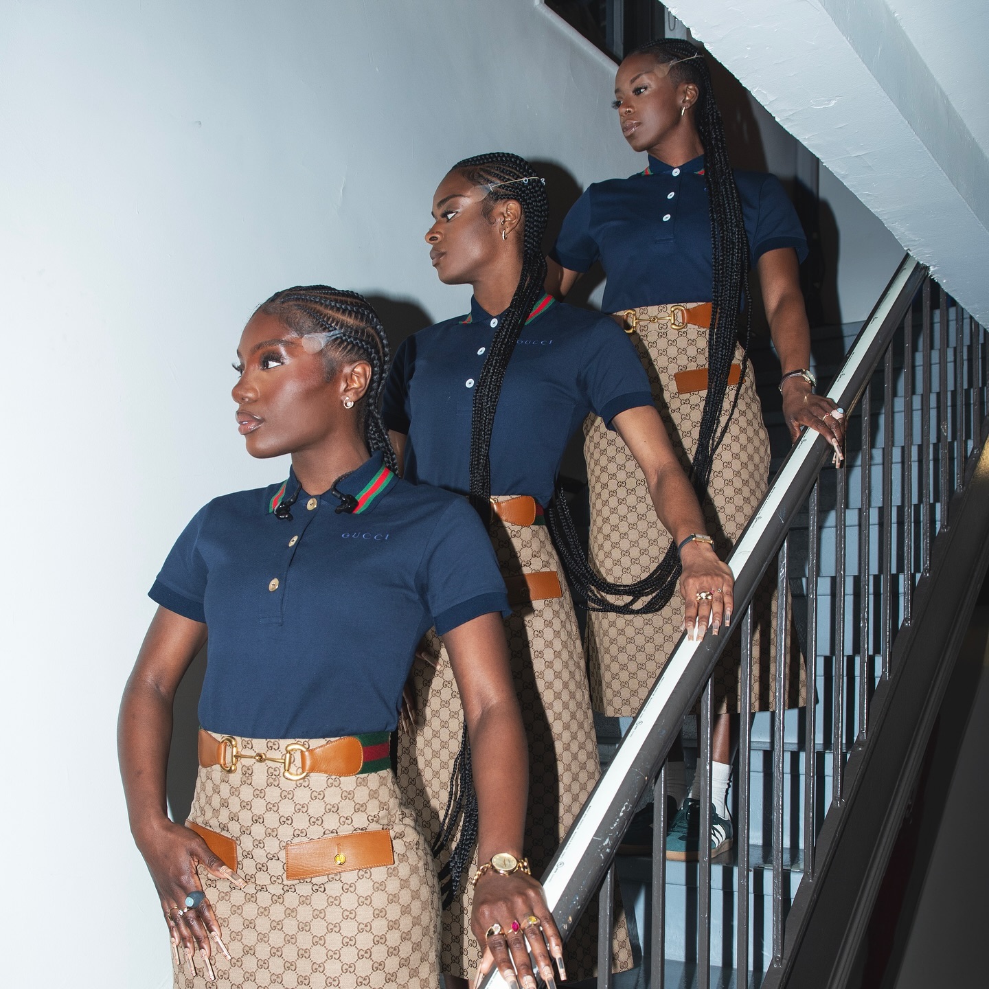 Doechii on the Stephen Colbert's The Late Show, Doechii and her backup dancers all wore a Gucci polo shirt, mid-length skirt and horse-bit belt.
