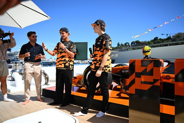 MONTE-CARLO, MONACO - JUNE 03: Lando Norris of Great Britain and McLaren and Oscar Piastri of Australia and McLaren make an appearance at a LEGO event during previews ahead of the F1 Grand Prix of Monaco at Circuit de Monaco on June 03, 2026 in Monte-Carlo, Monaco. (Photo by Manuel Eletto/Getty Images)