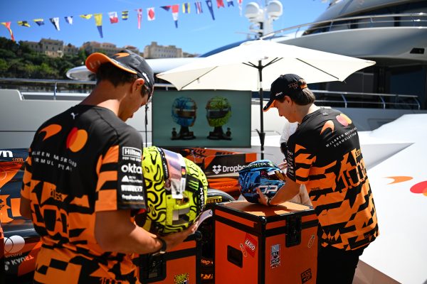 MONTE-CARLO, MONACO - JUNE 03: Lando Norris of Great Britain and McLaren and Oscar Piastri of Australia and McLaren make an appearance at a LEGO event during previews ahead of the F1 Grand Prix of Monaco at Circuit de Monaco on June 03, 2026 in Monte-Carlo, Monaco. (Photo by Manuel Eletto/Getty Images)