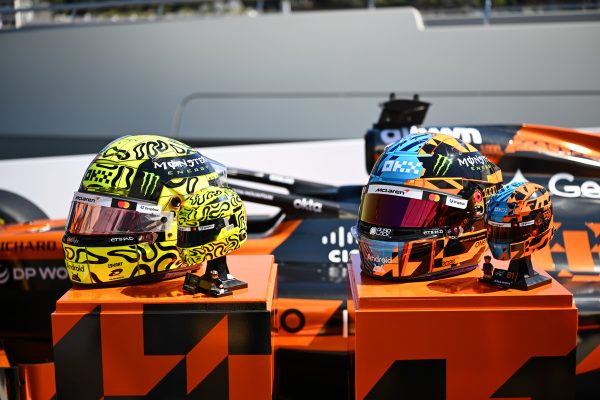 MONTE-CARLO, MONACO - JUNE 03: The helmets of Lando Norris of Great Britain and McLaren and Oscar Piastri of Australia and McLaren as well as their LEGO versions during previews ahead of the F1 Grand Prix of Monaco at Circuit de Monaco on June 03, 2026 in Monte-Carlo, Monaco. (Photo by Manuel Eletto/Getty Images)
