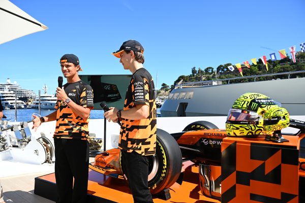 MONTE-CARLO, MONACO - JUNE 03: Lando Norris of Great Britain and McLaren and Oscar Piastri of Australia and McLaren make an appearance at a LEGO event during previews ahead of the F1 Grand Prix of Monaco at Circuit de Monaco on June 03, 2026 in Monte-Carlo, Monaco. (Photo by Manuel Eletto/Getty Images)